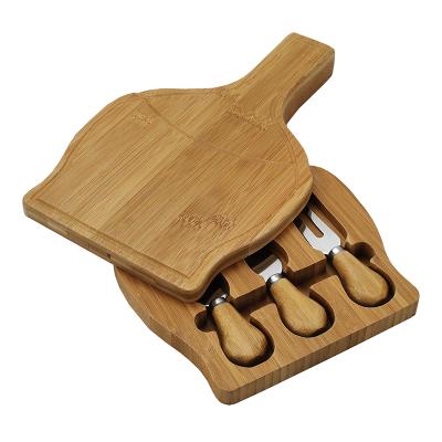 China New Design Disposable Hand Crafted Wooden Bamboo Cheese Tray Set With 3 Kids Knives And Dishes for sale