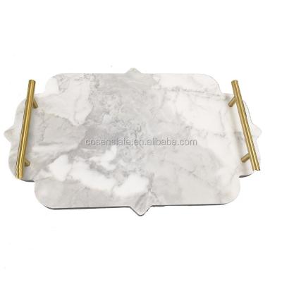 China Top Sales Viable On Amazon Rustic Marble Tray With Gold Handles Serving Tray For Kitchen for sale