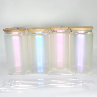 China DSY Sustainable New Arrival Wholesale Lead Free 16oz Cold Water Colorful Holographic Beer Can Shaped Glass Mugs With Bamboo Lid And Straw for sale