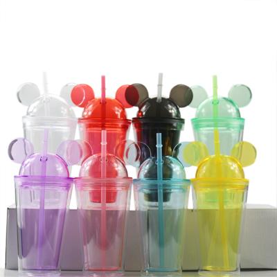 China Clear 16oz Mickey Mouse Tumbler Mouse Ear Cup Double Wall Mountable Plastic Acrylic Tumbler Kids Child Plastic Bottle With Straw for sale