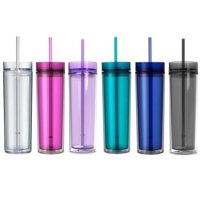 China Viable Custom Reusable Berevage 16 oz Clear Plastic Acrylic Double Wall Tumbler With Lids Straws Multi-Colors for sale