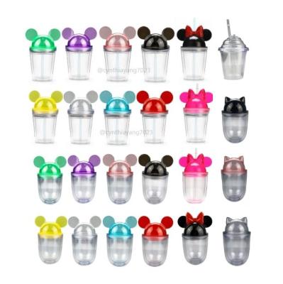 China DSY Factory AGH Viable Acrylic Clear Tumblers 12oz 350ml Mini Mickey Minnie Mouse Snow Globe Cat Ear Tumbler Cup With Lid Straw for sale