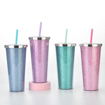 China Double 24oz Wall Tumbler Christmas Iridescence Viable Plastic Glitter Tumbler Acrylic Tumblers With Straw And Ribbon Lid WB062K for sale