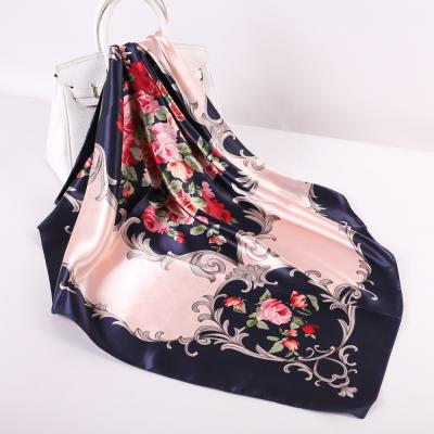 China New fashion Russian style shawl ladies 90*90cm rose flower print square satin silk scarf shawl for sale