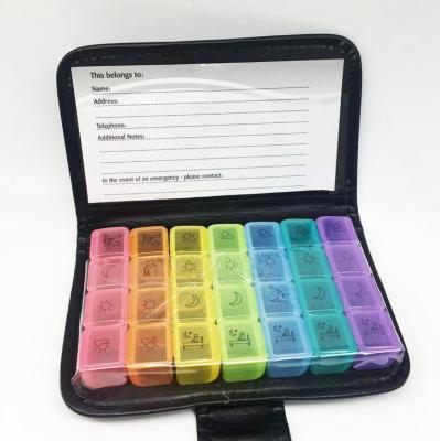 China Manufacturer Directly Selling Recyclable Medicine Storage Medicine 28 Compartments Weekly Monthly Pill Box Rainbow 7 Colors With PU Bag Notebook for sale