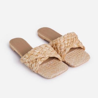 China Fashion Trend Factory Design Square Toe Flat Sandals Custom Simple Woven Female Outdoor Slides for sale