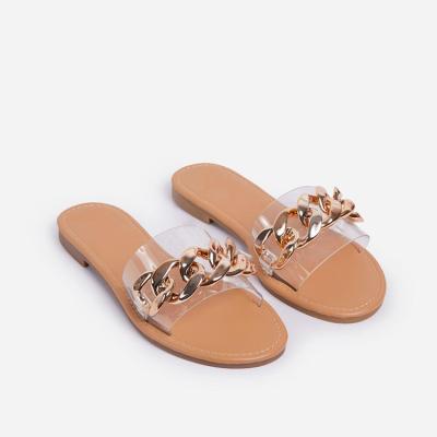 China Wholesale Price New Fashion Trendy Style Transparent PVC With Chain Round Toe Sandals Women Flat Slides for sale