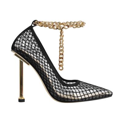 China Breathable Luxury Fashionable Pointed Toe Mesh Material Pumps Ladies Chain High Heels Strap Ankle Stilettos Shoes for sale