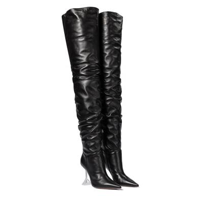 China Breathable Popular Women's Pointed Toe Pleated Transparent Wine Glass Heel Over The Knee Boots for sale