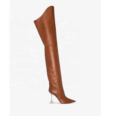 China Luxury Breathable Wine Glass Side Zipper Pointed Toe Pleated Transparent Heel Over The Knee Boots Ladies for sale