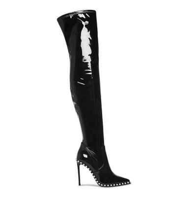 China New Design Fashion Women's Shoes Breathable Thick Heel Side Zipper Long Boots With Rhinestone Decoration for sale