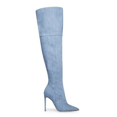 China New high quality women's long boots breathable pointed toe zipper denim high heel solid color shoes for sale