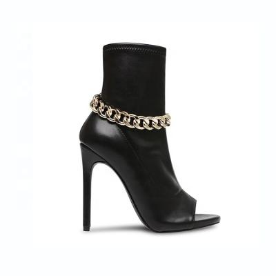 China New factory price breathable style peep-toe black gold chain-embellished high heel ankle boots for ladies for sale