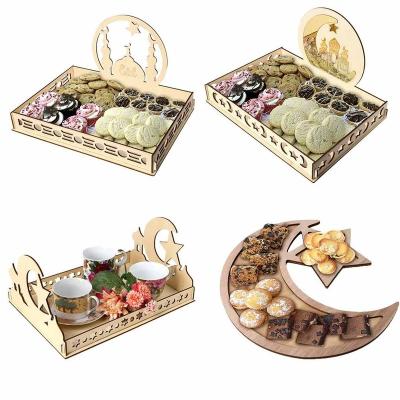 China Wholesale Custom Wood Ramadan Eid Food Serving Tray Laser Cut Ramadan Tray Wood Tray Ramadan Decoration Supplies for sale