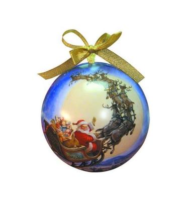 China Recycled Materials Dia140 Dia130 Dia120 Ball Shape Tin Box Tinplate Large Size Bauble With Ribbon For Christmas Holiday for sale