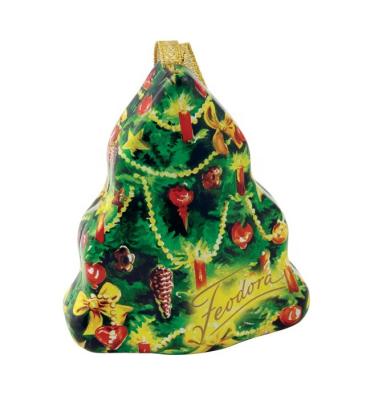 China Small Christmas Tree Shape Recycled Material Tin Box With Ribbon for sale