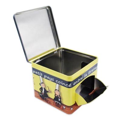 China Recycled Materials Hinged Lid Square Tin Box Cookie Dispenser Tin Container With Front Opening Door 140x140x125mm for sale