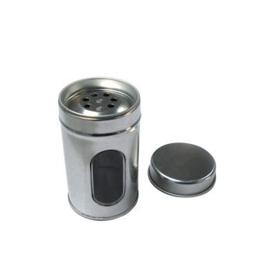 China Recycled Materials Metal Tin Spice Shaker Salt Box With Pouring Holes And Clear Window for sale