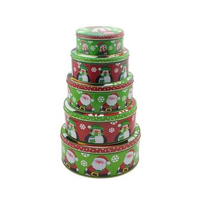 China Recycled Materials USA Food Grade Christmas Holiday Hot Round Tin Bakery Cake Tins Storage Boxes Set / 5 for sale