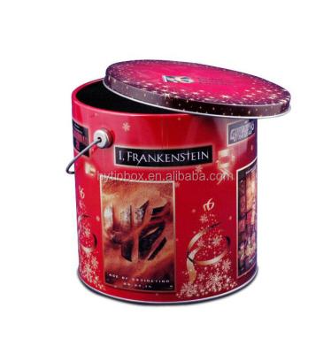 China Recycled Materials Shape Metal Cylindrical Tin Popcorn Bucket With Lid And Handle for sale