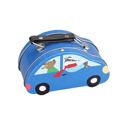 China Recycled Materials Car Shape Tin Piggy Bank Coin Bank With Lock And Coin Slotted Tin Car Box With Wheels for sale