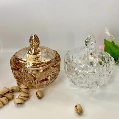 China Viable Gold Color Cloud Printing Round Glass Creamer Jar With Lid For Wedding for sale