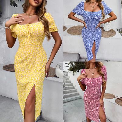 China 2022 Summer Anti-static Short Sleeve Polyester Girl Korean Style Ladies Midi Floral Print Casual Dresses Maxis for sale