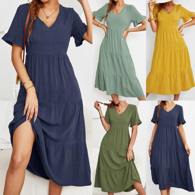 China Simple Ruched Solid Color High Rise Waist Midi Adjustable Halterneck Anti-Static Casual Dress Women Summer Vacation Dress Ladies for sale