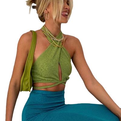 China NEW Solid Color Cropped Tank Top Sexy Hollow Out Breathable Backless Halter Blouse Girls Camisole Streetwear Foto Top for sale