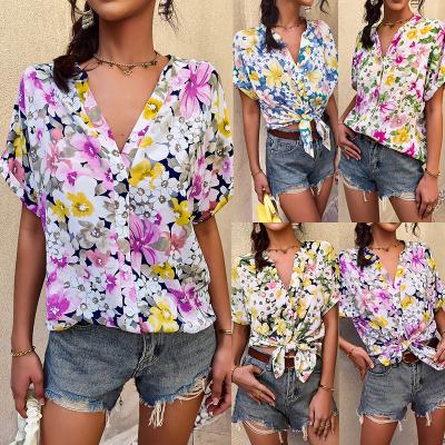 China 2022 Amazon Anti-Pilling Women's Floral Printing Loose Short Sleeve Women's Casual Shirt for sale