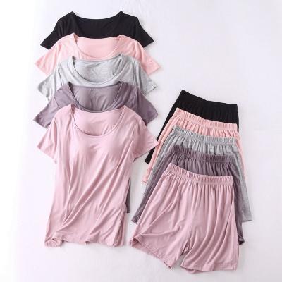 China QUICK DRY Modal Short T-Shirt With Breast Bra Sleep Dress 2pcs Cotton Home Dress Set for sale