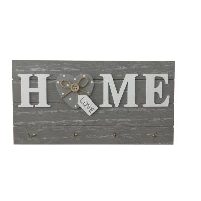 China Custom Whitewash Rustic Modern Home Decor Europe Vintage Wall Hanging Mount Key Holder Wooden Organizer With Metal Hooks for sale