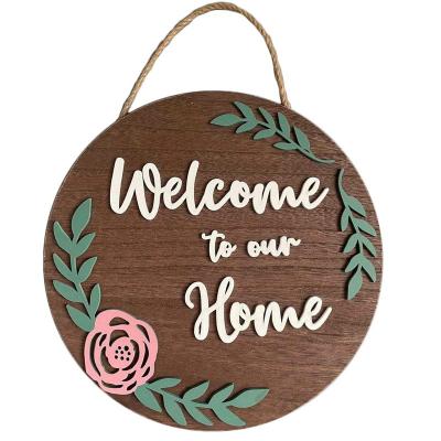 China Custom Europe Round Hello MDF Reception Wall Decor Front Entrance Sign Wooden Modern Wall Hanging Sign With Megnet for sale