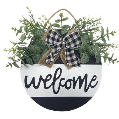 China Custom Europe Round Hello Wood MDF Reception Wall Decor Front Entrance Sign Modern Wall Hanging Sign for sale