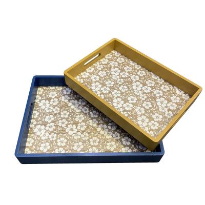 China Wood Serving Painted Rectangular Tray Decorative Wooden Food Tray Set Wholesale Handmade Tea Service for sale