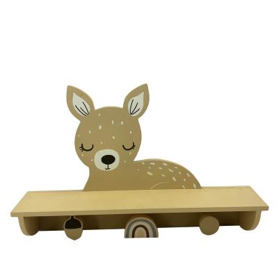 China Decorative Storage Kids Room Deer Shaped Driftwood Wall Hanging Mounted Shelf For Storage With 3 Hooks for sale