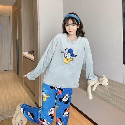 China 2022 New QUICK DRY Women's Thickened Two Piece Flannel Pajama Set Cartoon Flannel Pajamas Lady In Round Collar Flannel Pajamas for sale