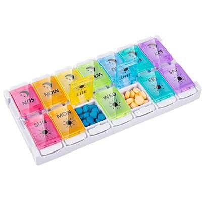 China Large Plastic Storage Box Pill Organizer 2 Fold A Weekly Organizer Push Botton Am Pm Medicine Vitamin Organizer Night Day 7 Day Pill Box for sale