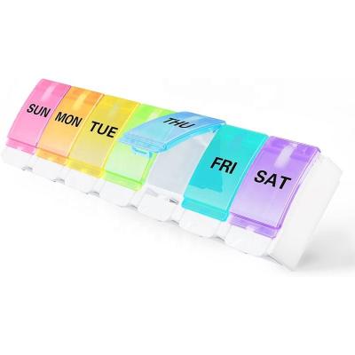 China Plastic Storage Box AM P.M. Weekly 7 Day Pill Organizer Large Daily Pill Case With Easy Push Button Design for sale