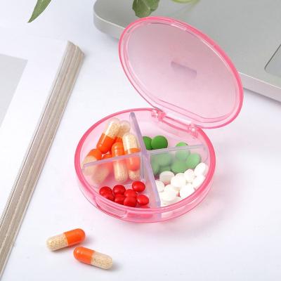 China Custom Round Plastic Storage Box Mini Compact Portable 4 Compartment Pill Case Organizer BPA Free Medication Dispenser Holder Pill Box for sale