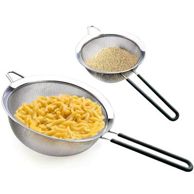 China Silicone Coated Handle 2 Sustainable Plant Custom Stainless Steel Mesh Strainer Set for sale