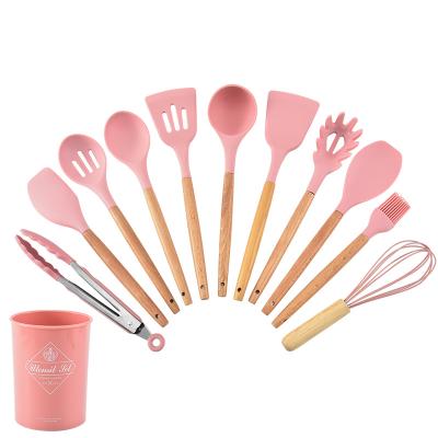 China Sustainable Hot Sale Silicone Cookware Kitchen Utensil Set Non-Stick Spatula Wooden Handle for sale