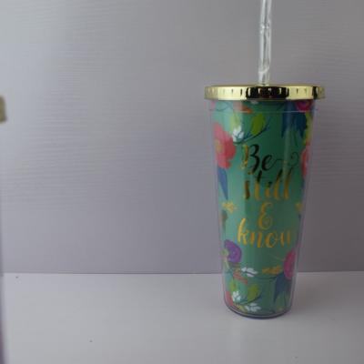 China Sustainable Double Wall Plastic Tumbler Cup With Golden Lid And Bew Straw Always The Knou for sale