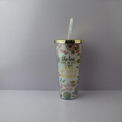 China Sustainable Double Wall Plastic Tumbler Cup With Gold Lid And Straw THINK FABULOUS TO BE FABULOUS for sale