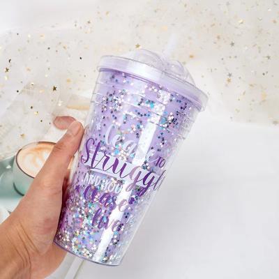 China Colorful Acrylic Plastic Tumbler Skinny Bottle Glitter Design Cute Funny Wall Double Lids With Colorful Glitter And Star Lid for sale