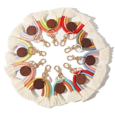 China Faux Fur Ball Pompom Chains Boho Macrame Tassel Key Chain Rainbow Cotton Rope Coin Pocket Bag Handwoven Car Pendant With Blank Chip log for sale