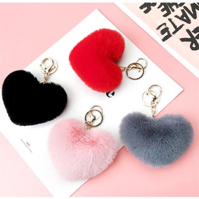 China Faux Fur Ball Pompom Chains New Fashion Colorful Cute Fluffy Bag Purse Charm Accessories Pom Pom Heart Shape Fur Ball Keychains With Gold Key Ring for sale