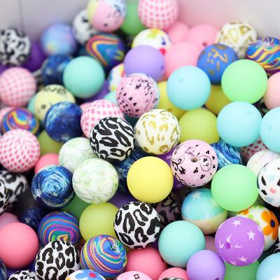 China Faux Fur Ball Pompom Chains Bead Wholesale DIY Silicone Bead Teether 12MM 15MM 19MM BPA Chew Print Luminous Silicone Bulk Round Loose Beads for sale