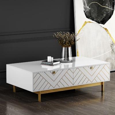 China Modern luxury elegant white coffee table coffee table with stainless steel frame gold tea table with drawer for sale