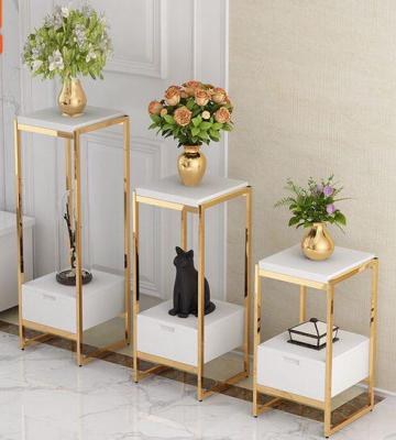 China Modern Square Coffee Table Flower Stand With Drawer 3 Pieces Stainless Steel Gold Coffee Table With Marble Tops for sale